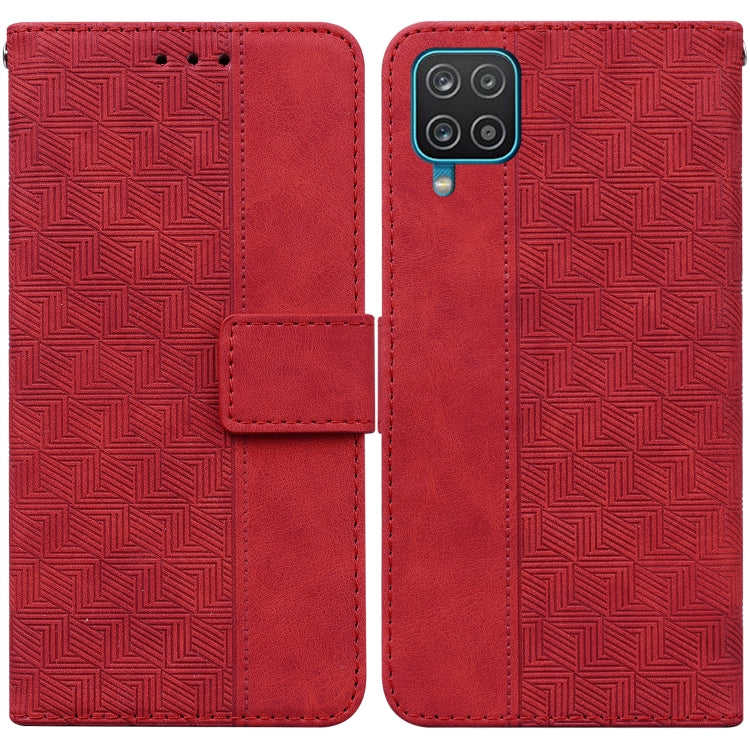 For Samsung Galaxy A12 5G Geometric Embossed Leather Phone Case(Red)