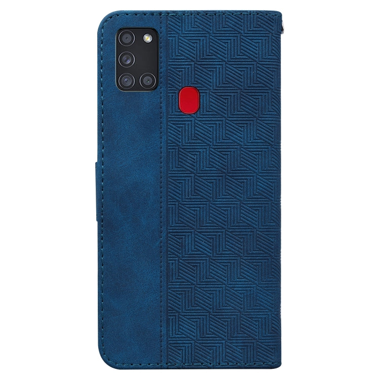 For Samsung Galaxy A21s Geometric Embossed Leather Phone Case(Blue)