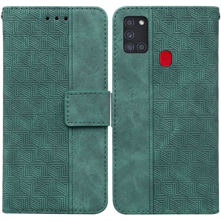 For Samsung Galaxy A21s Geometric Embossed Leather Phone Case(Green)