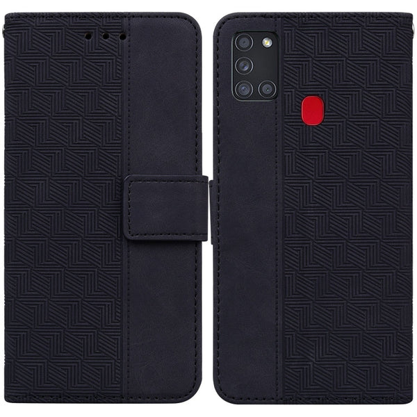 For Samsung Galaxy A21s Geometric Embossed Leather Phone Case(Black)