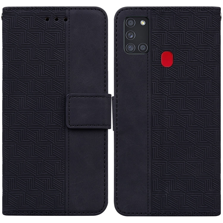For Samsung Galaxy A21s Geometric Embossed Leather Phone Case(Black)
