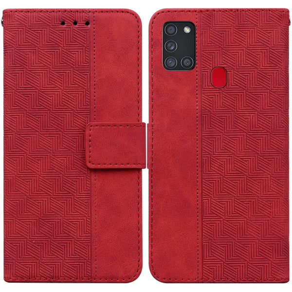For Samsung Galaxy A21s Geometric Embossed Leather Phone Case(Red)