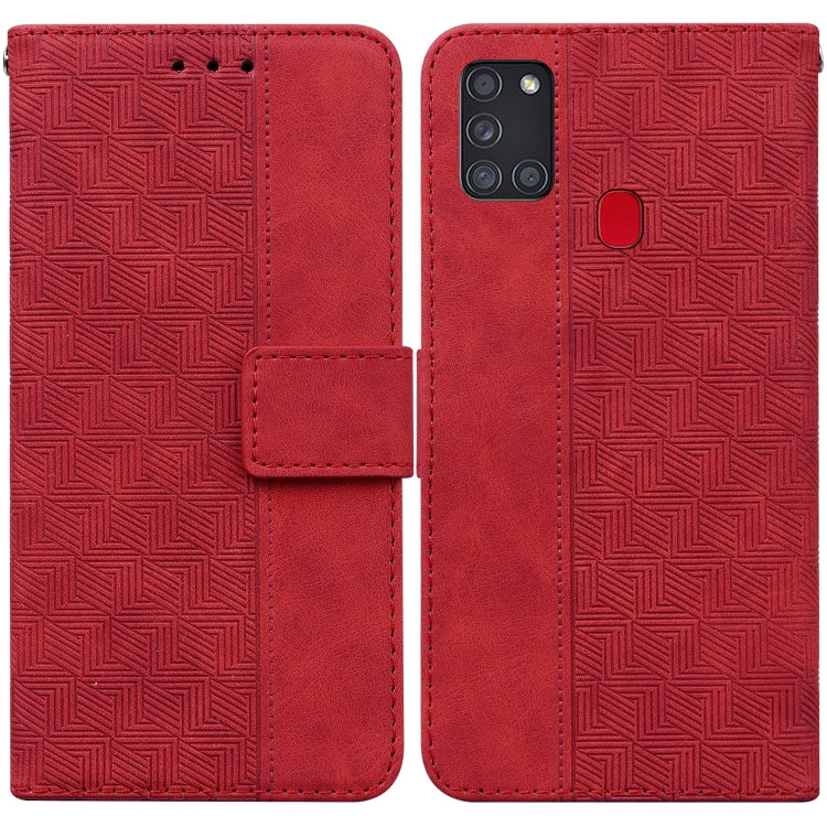 For Samsung Galaxy A21s Geometric Embossed Leather Phone Case(Red)