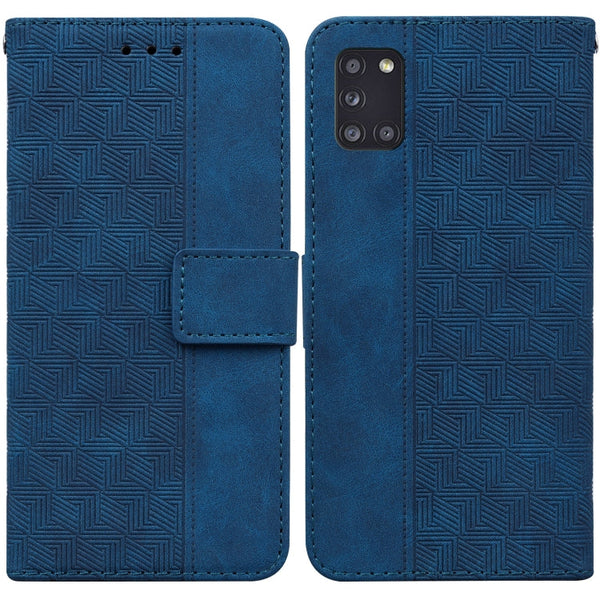 For Samsung Galaxy A31 Geometric Embossed Leather Phone Case(Blue)