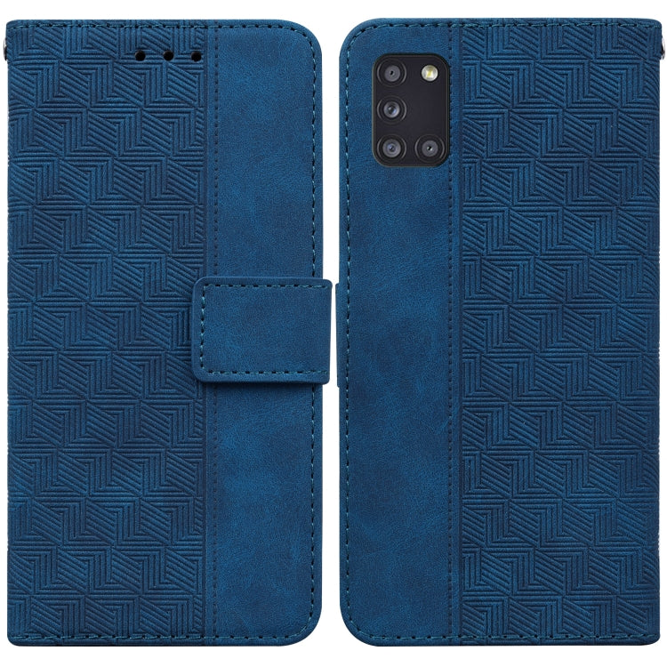 For Samsung Galaxy A31 Geometric Embossed Leather Phone Case(Blue)