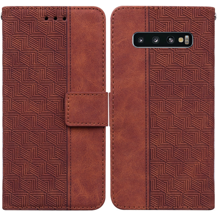 For Samsung Galaxy S10+ Geometric Embossed Leather Phone Case(Brown)