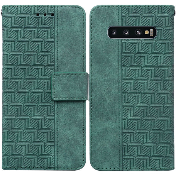 For Samsung Galaxy S10+ Geometric Embossed Leather Phone Case(Green)
