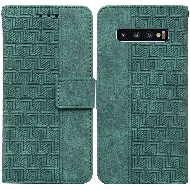 For Samsung Galaxy S10+ Geometric Embossed Leather Phone Case(Green)