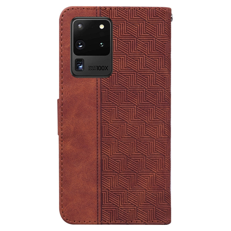 For Samsung Galaxy S20 Ultra Geometric Embossed Leather Phone Case(Brown)