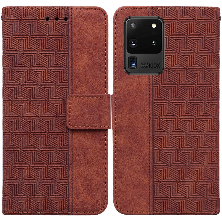 For Samsung Galaxy S20 Ultra Geometric Embossed Leather Phone Case(Brown)