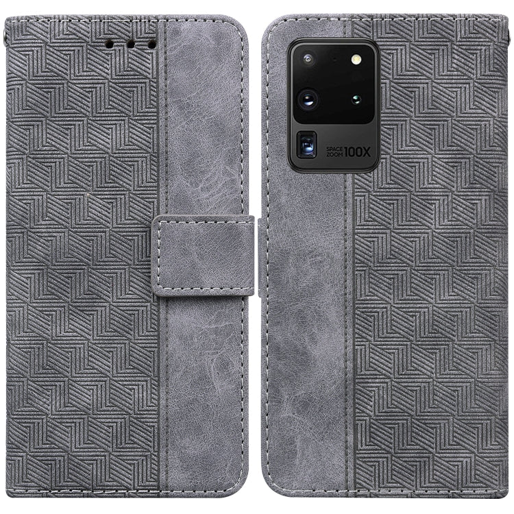 For Samsung Galaxy S20 Ultra Geometric Embossed Leather Phone Case(Grey)