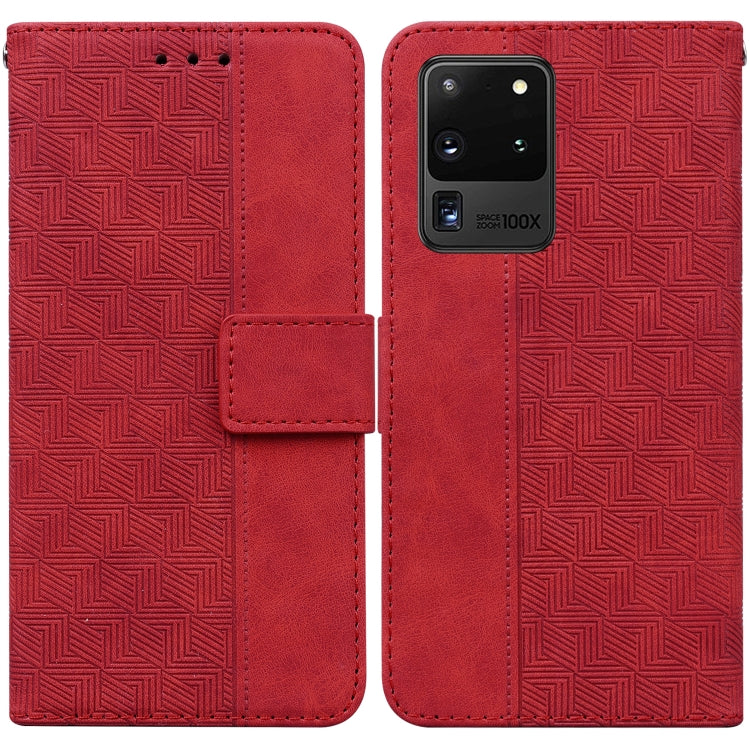 For Samsung Galaxy S20 Ultra Geometric Embossed Leather Phone Case(Red)