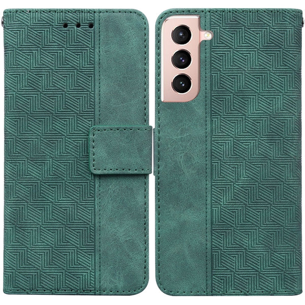 For Samsung Galaxy S21 5G Geometric Embossed Leather Phone Case(Green)