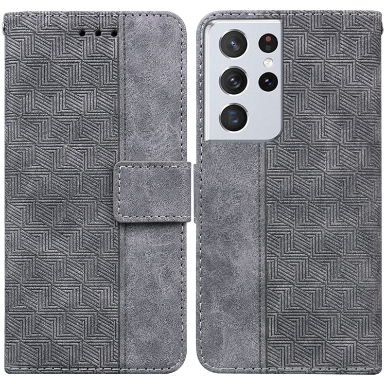 For Samsung Galaxy S21 Ultra 5G Geometric Embossed Leather Phone Case(Grey)
