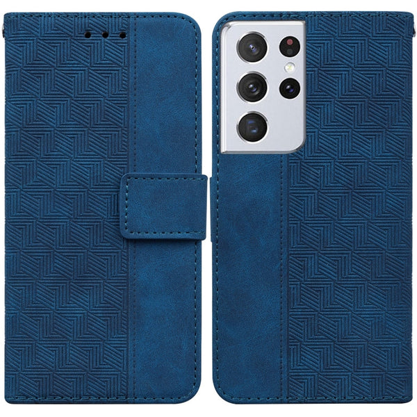 For Samsung Galaxy S21 Ultra 5G Geometric Embossed Leather Phone Case(Blue)