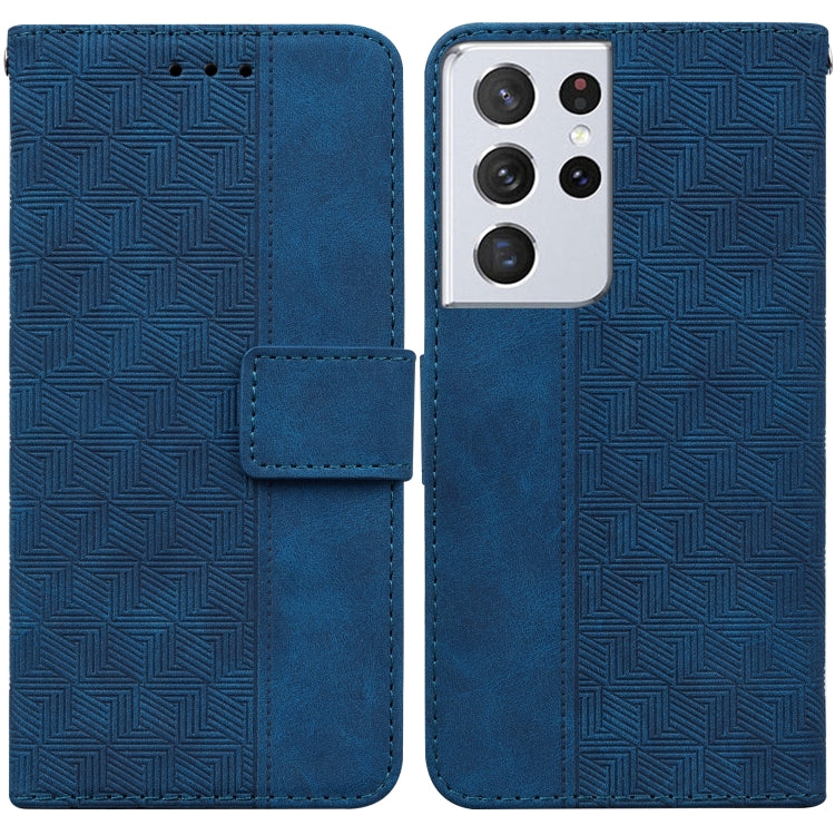 For Samsung Galaxy S21 Ultra 5G Geometric Embossed Leather Phone Case(Blue)