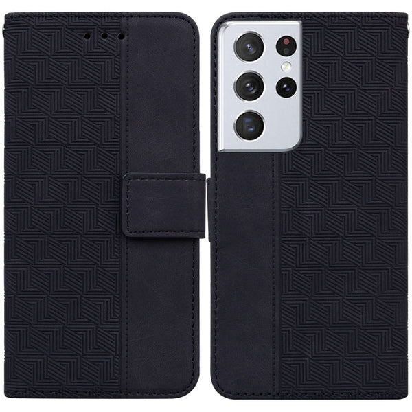 For Samsung Galaxy S21 Ultra 5G Geometric Embossed Leather Phone Case(Black)