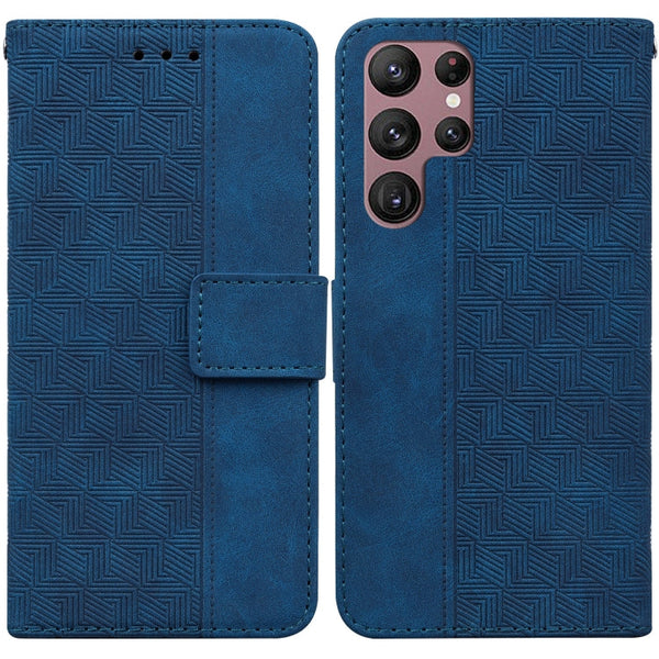 For Samsung Galaxy S22 Ultra 5G Geometric Embossed Leather Phone Case(Blue)