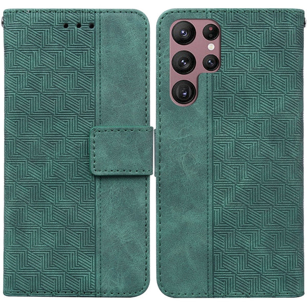 For Samsung Galaxy S22 Ultra 5G Geometric Embossed Leather Phone Case(Green)