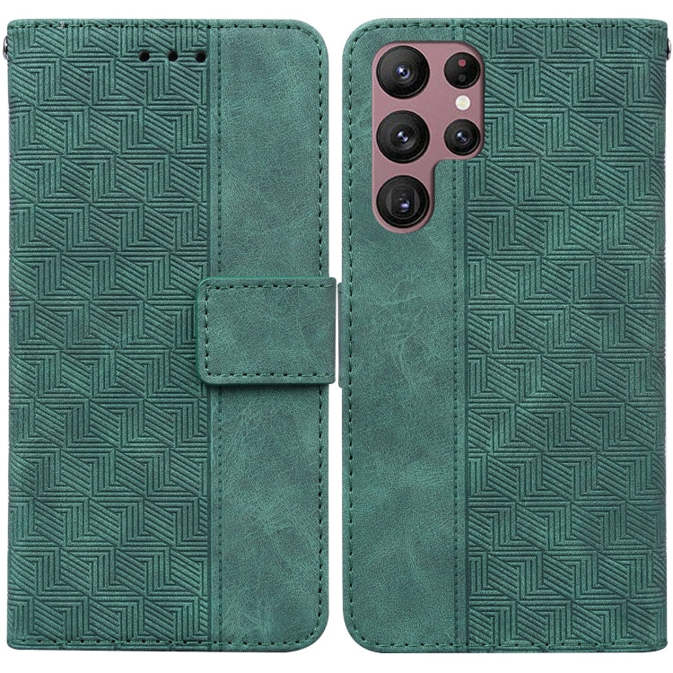 For Samsung Galaxy S22 Ultra 5G Geometric Embossed Leather Phone Case(Green)