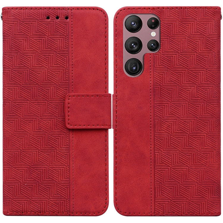 For Samsung Galaxy S22 Ultra 5G Geometric Embossed Leather Phone Case(Red)