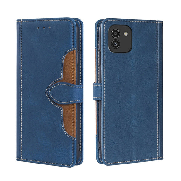 For Samsung Galaxy A03 Skin Feel Straw Hat Magnetic Buckle Leather Phone Case(Blue)