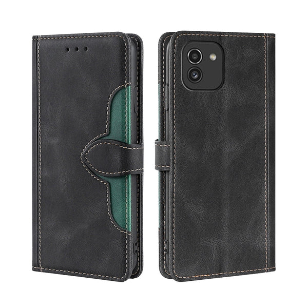 For Samsung Galaxy A03 166mm EU Version Skin Feel Straw Hat Magnetic Buckle Leather Phone Case(Black)