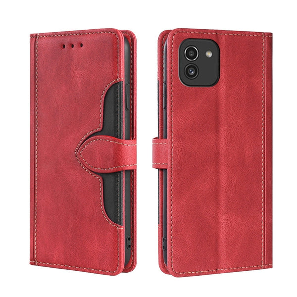 For Samsung Galaxy A03 166mm EU Version Skin Feel Straw Hat Magnetic Buckle Leather Phone Case(Red)