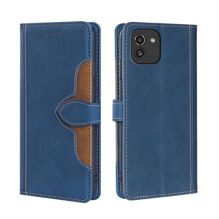 For Samsung Galaxy A03 166mm EU Version Skin Feel Straw Hat Magnetic Buckle Leather Phone Case(Blue)