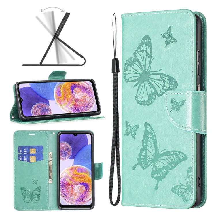 For Samsung Galaxy A23 5G Two Butterflies Embossing Leather Phone Case(Green)
