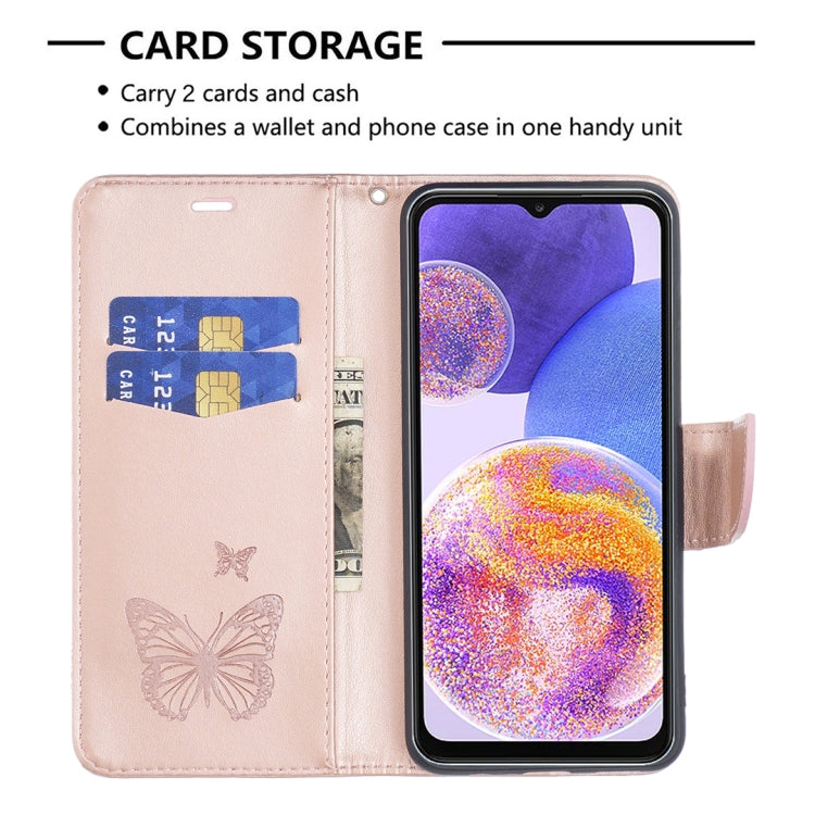 For Samsung Galaxy A23 5G Two Butterflies Embossing Leather Phone Case(Rose Gold)