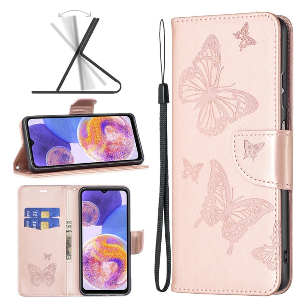 For Samsung Galaxy A23 5G Two Butterflies Embossing Leather Phone Case(Rose Gold)