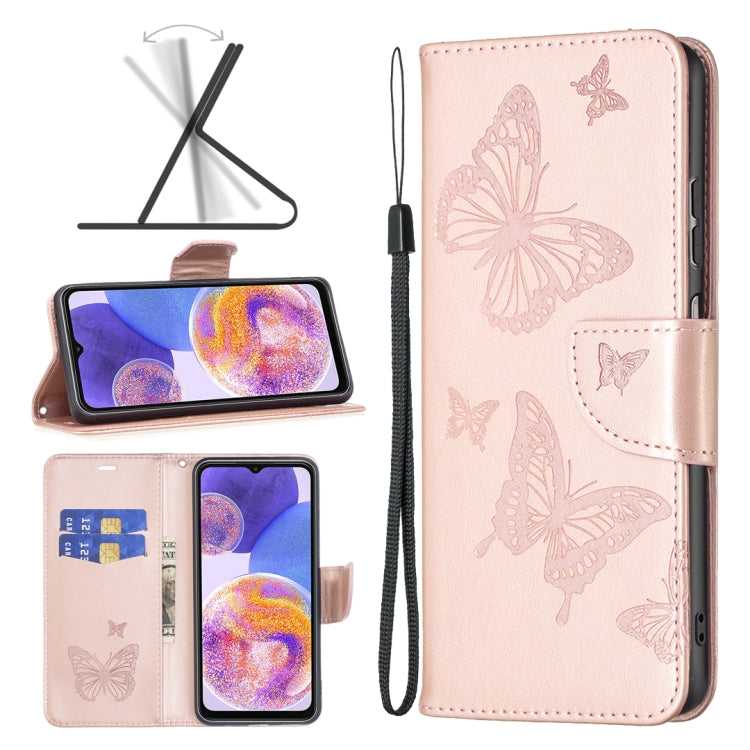 For Samsung Galaxy A23 5G Two Butterflies Embossing Leather Phone Case(Rose Gold)