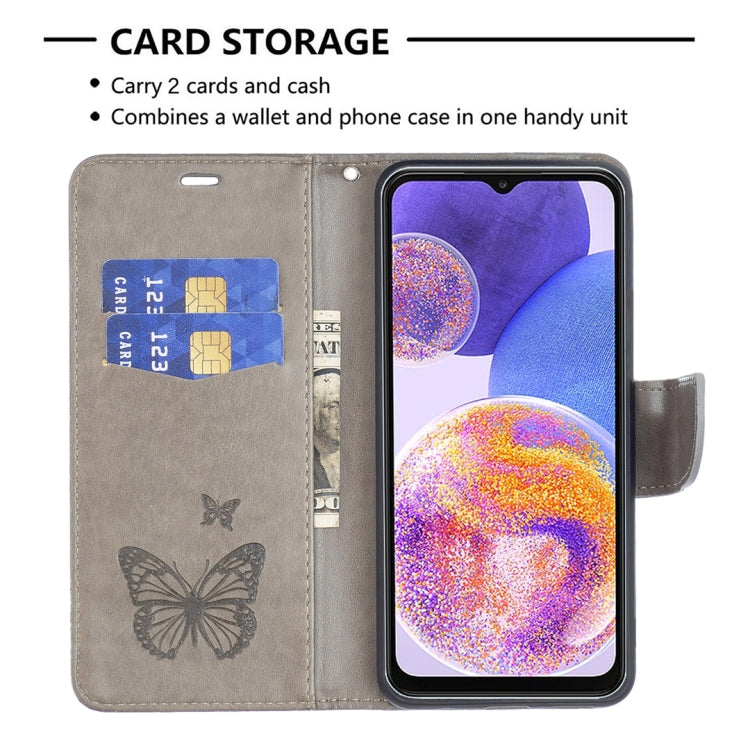 For Samsung Galaxy A23 5G Two Butterflies Embossing Leather Phone Case(Grey)
