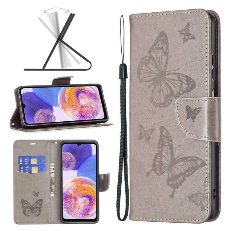 For Samsung Galaxy A23 5G Two Butterflies Embossing Leather Phone Case(Grey)