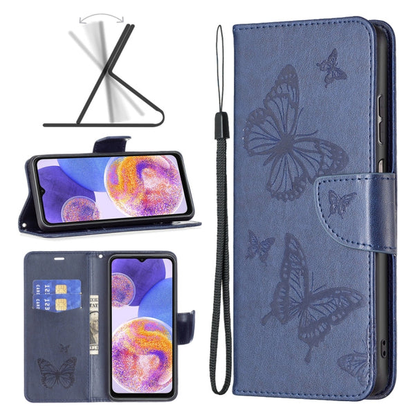 For Samsung Galaxy A23 5G Two Butterflies Embossing Leather Phone Case(Blue)