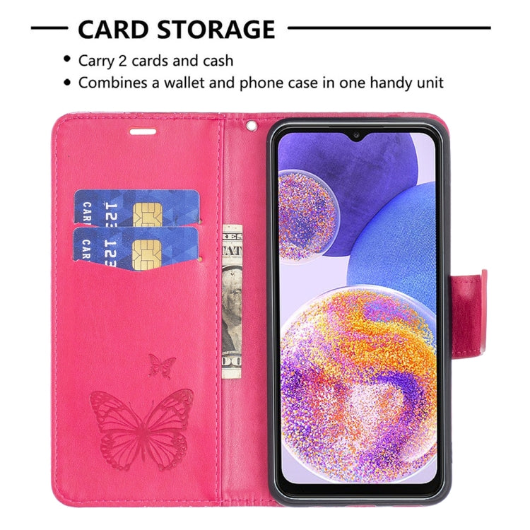 For Samsung Galaxy A23 5G Two Butterflies Embossing Leather Phone Case(Rose Red)