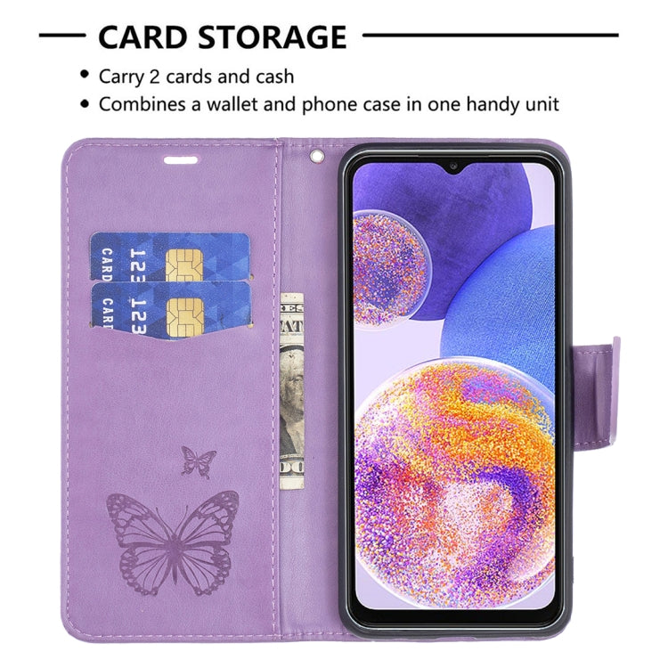 For Samsung Galaxy A23 5G Two Butterflies Embossing Leather Phone Case(Purple)