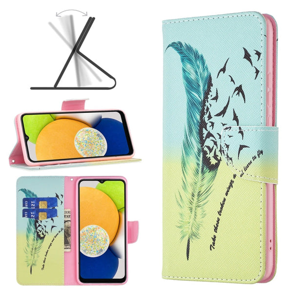 For Samsung Galaxy A03 166mm Colored Drawing Pattern Leather Phone Case(Feather)