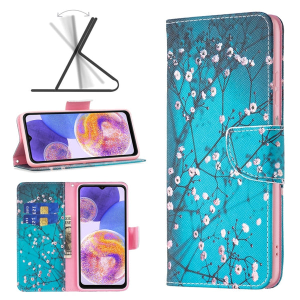 For Samsung Galaxy A23 5G Colored Drawing Pattern Leather Phone Case(Plum Blossom)