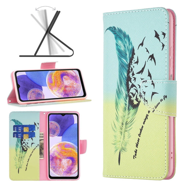 For Samsung Galaxy A23 5G Colored Drawing Pattern Leather Phone Case(Feather)