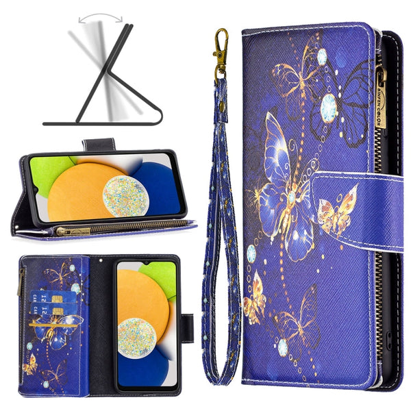 For Samsung Galaxy A03 166mm Colored Drawing Pattern Zipper Leather Phone Case(Purple Butterfly)