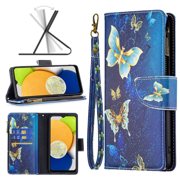 For Samsung Galaxy A03 166mm Colored Drawing Pattern Zipper Leather Phone Case(Gold Butterfly)