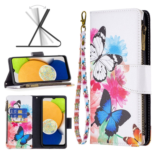 For Samsung Galaxy A03 166mm Colored Drawing Pattern Zipper Leather Phone Case(Two Butterflies)