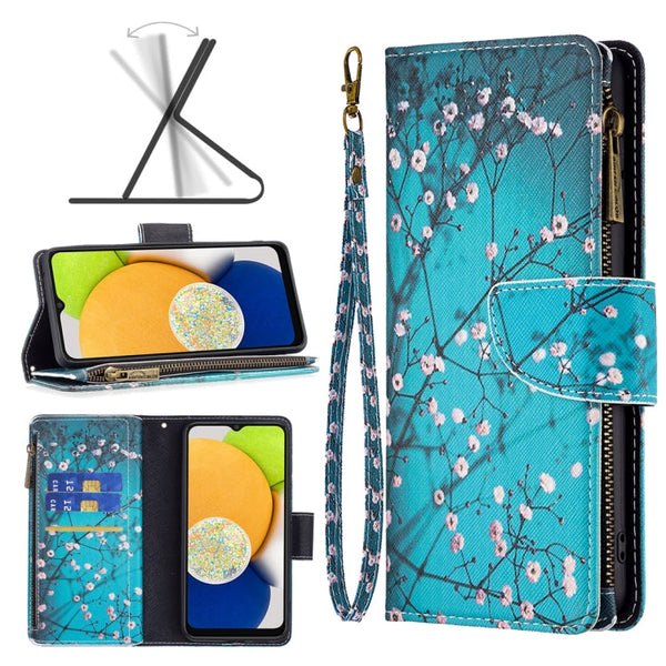 For Samsung Galaxy A03 166mm Colored Drawing Pattern Zipper Leather Phone Case(Plum Blossom)