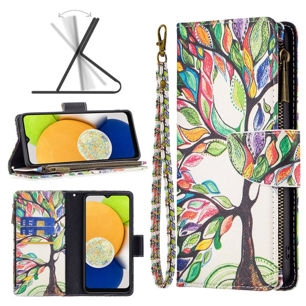 For Samsung Galaxy A03 166mm Colored Drawing Pattern Zipper Leather Phone Case(Big Tree)