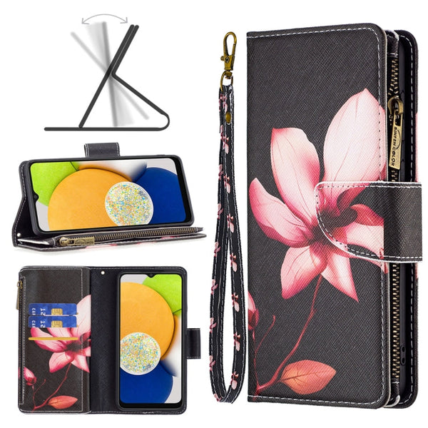 For Samsung Galaxy A03 166mm Colored Drawing Pattern Zipper Leather Phone Case(Lotus)