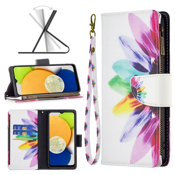 For Samsung Galaxy A03 166mm Colored Drawing Pattern Zipper Leather Phone Case(Sun Flower)