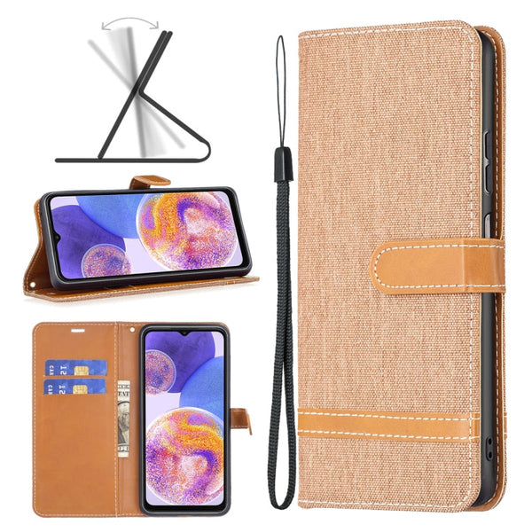 For Samsung Galaxy A23 5G Color Matching Denim Texture Leather Phone Case(Brown)