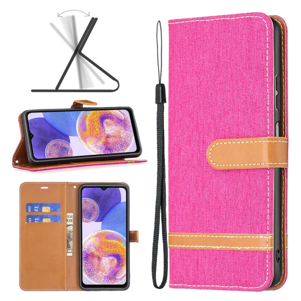 For Samsung Galaxy A23 5G Color Matching Denim Texture Leather Phone Case(Rose Red)
